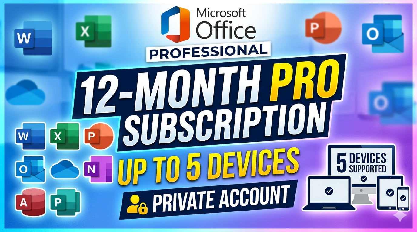 Microsoft Office 12-Month Pro Subscription - Up to 5 Devices - Private Account